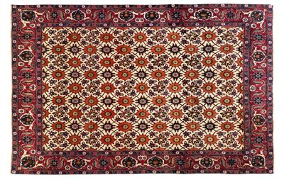 a red and black rug with a medallion design on it