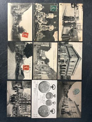 several black and white photographs of a building and a train