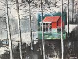 a painting of a red house in the middle of the woods