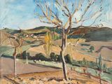 l'image d'un tableau représentant un arbre au milieu d'un champ