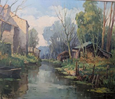un tableau représentant une rivière traversant un village