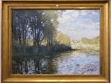 une peinture à l'huile représentant une rivière avec des arbres au premier plan