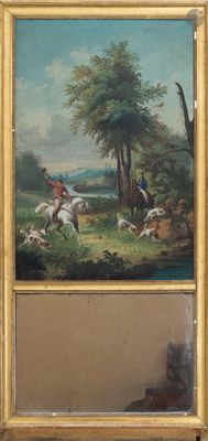 tableau représentant une scène de chasse avec un homme à cheval et un chien