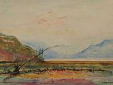 une image représentant un tableau représentant un paysage avec un lac et des montagnes en arrière-plan