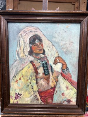 une peinture à l'huile représentant une femme en robe rouge tenant un verre