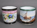 pair of hand painted porcelain mugs with boats and flowers on them