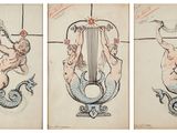 trois dessins représentant des sirènes et une harpe sur une feuille de papier