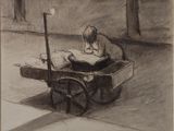 drawing of a man sitting in a cart reading a book