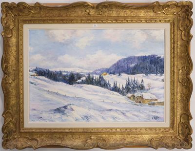 un tableau représentant un paysage enneigé, dans un cadre doré