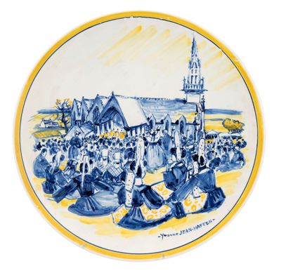 an image of a blue and white plate with a picture of a church