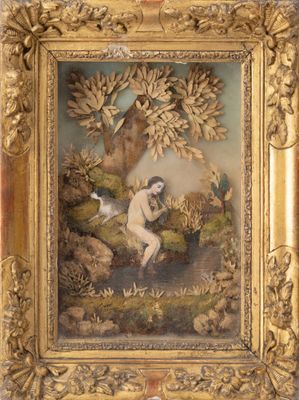 tableau représentant une femme nue dans un paysage avec des oiseaux et des fleurs