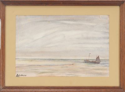 an oil painting of a boat in the ocean on a cloudy day