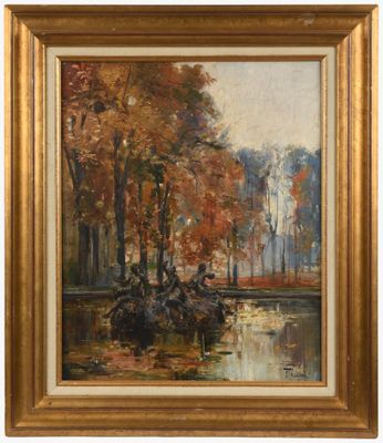 une peinture représentant une scène de rivière avec un bateau dans l'eau