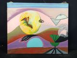 un tableau représentant un oiseau volant dans le ciel