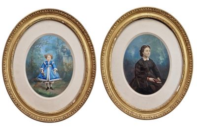two framed pictures of a woman and a child sitting on a bench