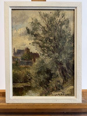 a painting of a landscape with trees and a house in the background