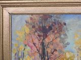 an oil painting of a tree in a field with yellow and red leaves