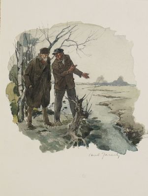 two men standing next to each other near a tree