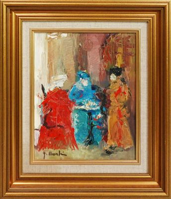 une peinture représentant un groupe de personnes devant un bâtiment