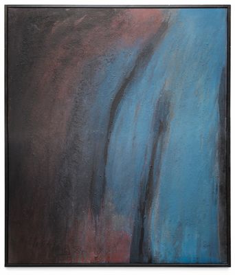 a painting of a blue and pink painting on a white wall
