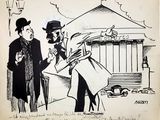 cartoon drawing of a man and a woman standing in front of a building