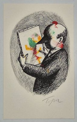 dessin représentant un homme tenant un pinceau et une palette à la main