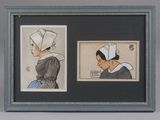 deux tableaux encadrés représentant des femmes coiffées de chapeaux et une femme portant un bonnet