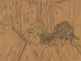 un dessin représentant un homme et une femme assis sur un banc