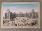 an old drawing of a courtyard with a horse drawn carriage in it