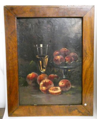 tableau représentant une nature morte composée de pêches et d'un verre de vin
