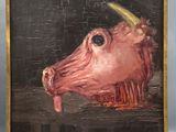 tableau représentant un cochon rose avec une corne dorée sur la tête