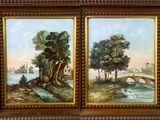 deux tableaux représentant une rivière et un pont, dans un cadre en bois