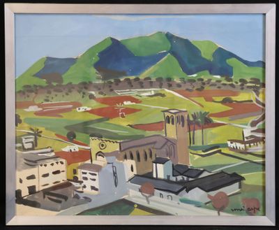 a painting of a town with a mountain in the background