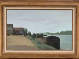 a painting of a boat on the shore of a lake