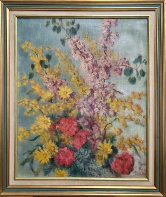 tableau représentant un vase de fleurs dans un cadre doré sur fond bleu