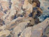 an oil painting of rocks on a beach with the ocean in the background