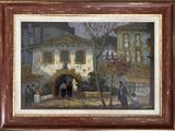 tableau représentant un couple marchant dans une rue devant un immeuble
