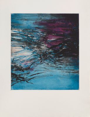 a painting of a blue and purple painting in a white frame