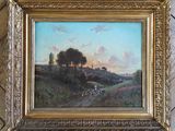 a painting of a landscape with sheep in the foreground and trees in the background
