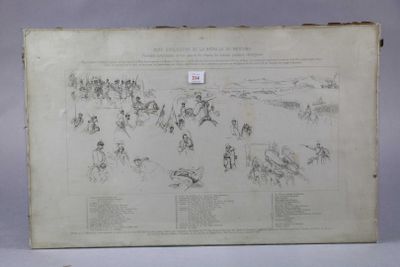 a drawing of a group of people riding horses in a field