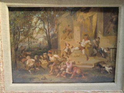 a painting of a group of children playing in a yard