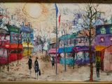 a painting of two people walking down the street
