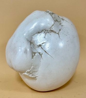 a white ball with a crack in it sitting on a table