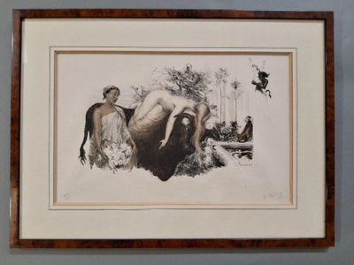 painting of a woman laying on a buffalo in a wooded area
