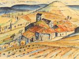 an image of a watercolor painting of a village in the mountains