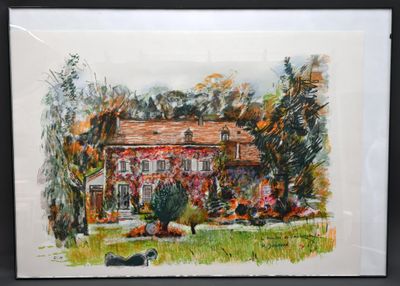 une photo d'un tableau représentant une maison dans un champ