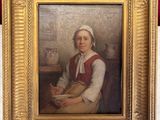 an old painting of a woman holding a bowl of food
