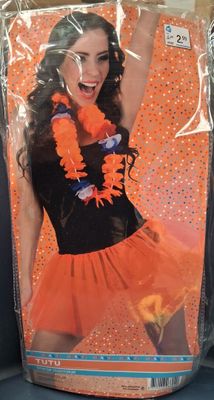an image of a woman in an orange skirt and black top in a plastic bag