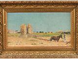 un tableau représentant deux chevaux dans un champ, avec un bâtiment en arrière-plan