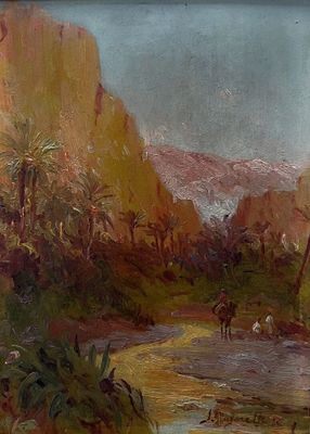 painting of a desert scene with a river and mountains in the background